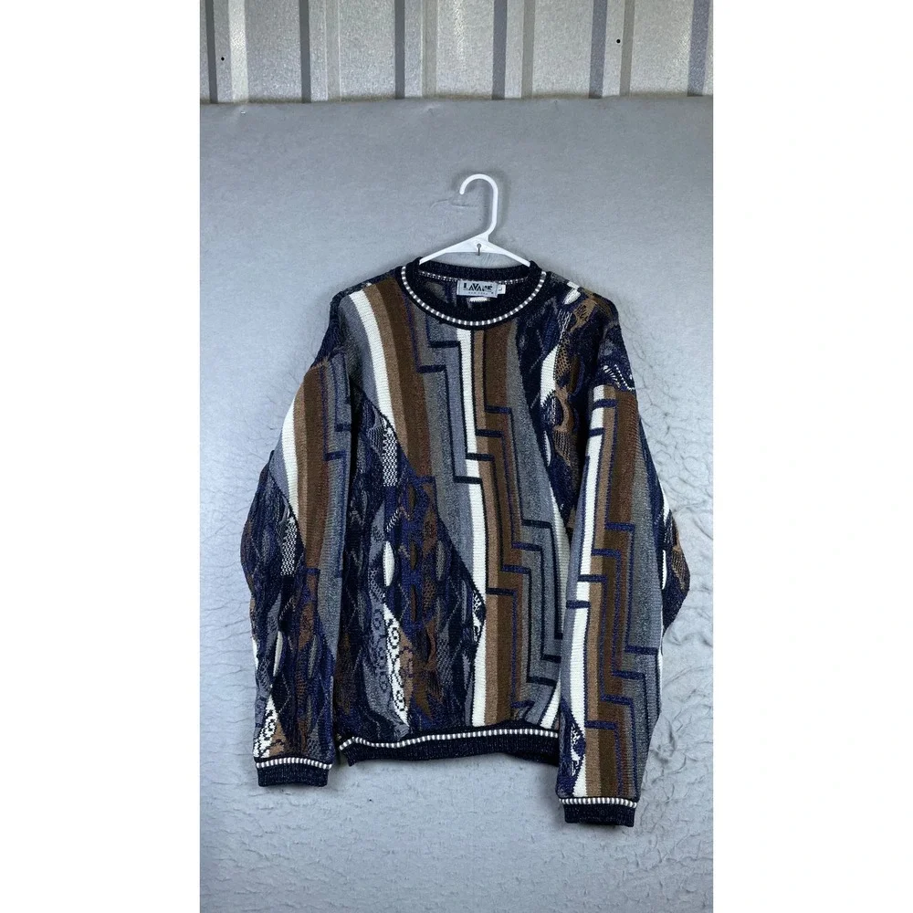 Lavane Sweater Mens LG Blue Brown Excellent Vintage 3D Knit Geometric Abstract